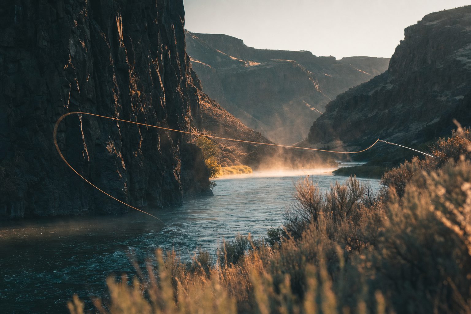 Golden hour light raking across the basalt walls of the Deschutes River canyon, fly line uncoiling over the water